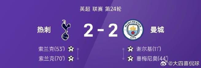 【英超】索兰克双响热刺2比2曼城