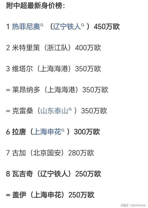 中超前5身价最高的外援海港是巴西双子星申花是单子星